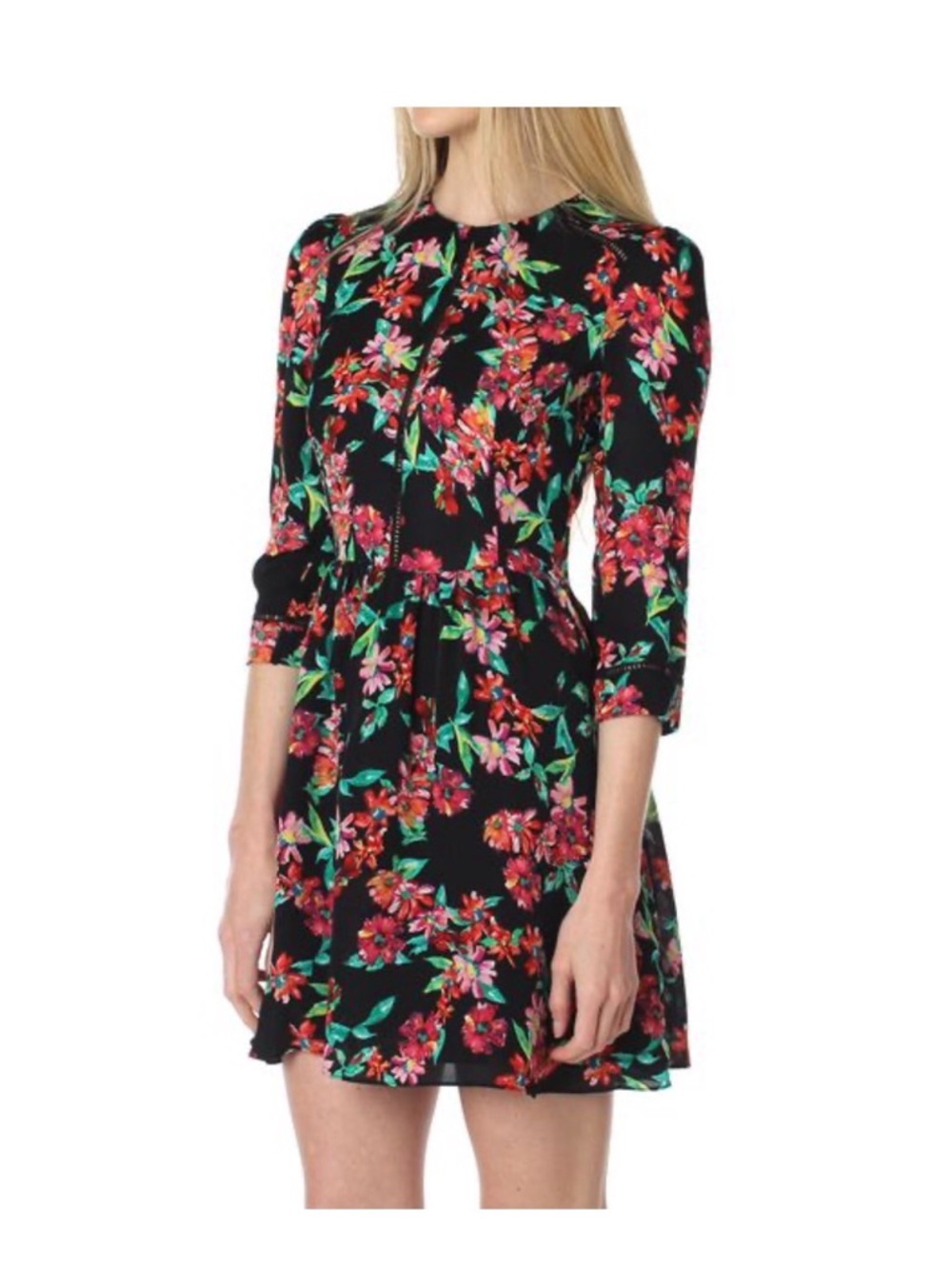 Dolce Vita Ives Black Floral 3/4 Sleeve Mini Flare Eyelet | 100% Silk | Size: M